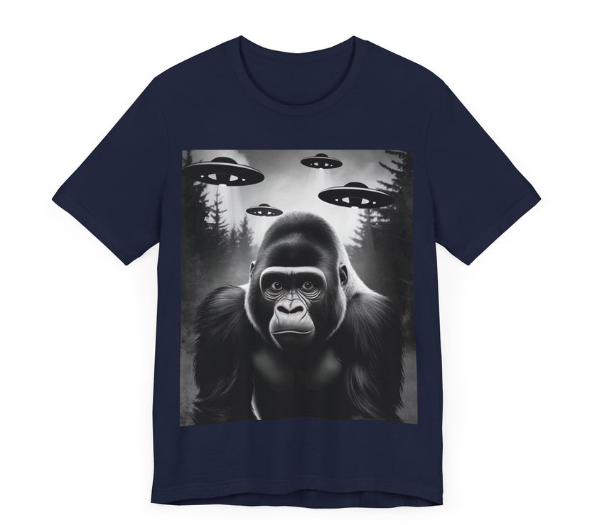 Gorilla Meets UFOs - Funny and Intriguing Alien Encounter T-Shirt