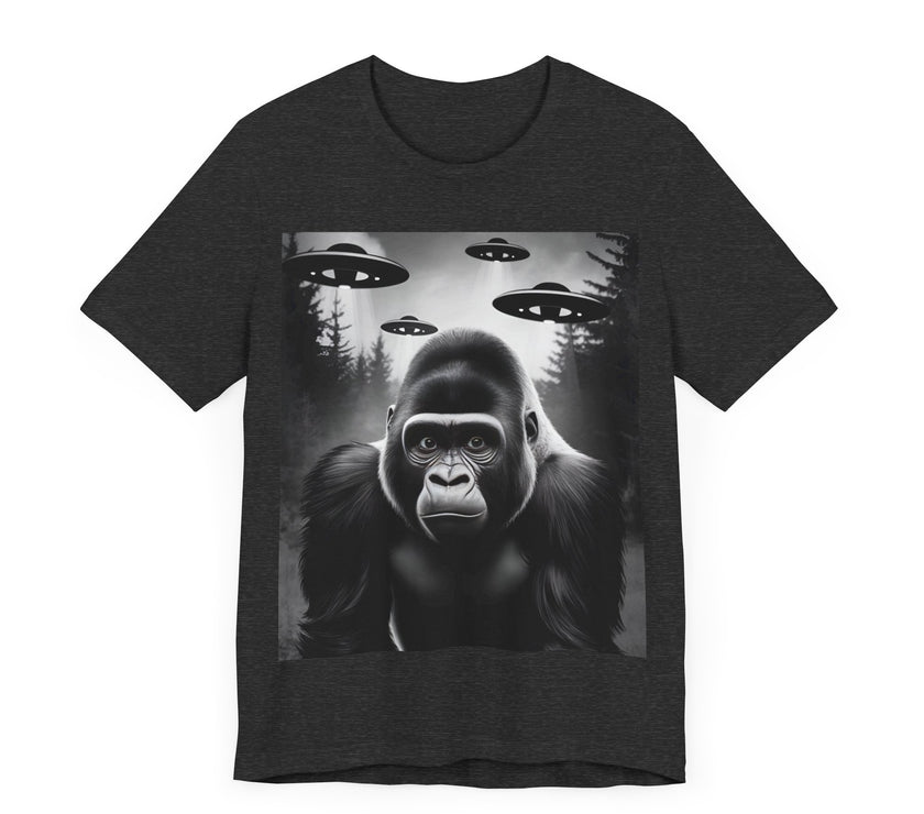 Gorilla Meets UFOs - Funny and Intriguing Alien Encounter T-Shirt