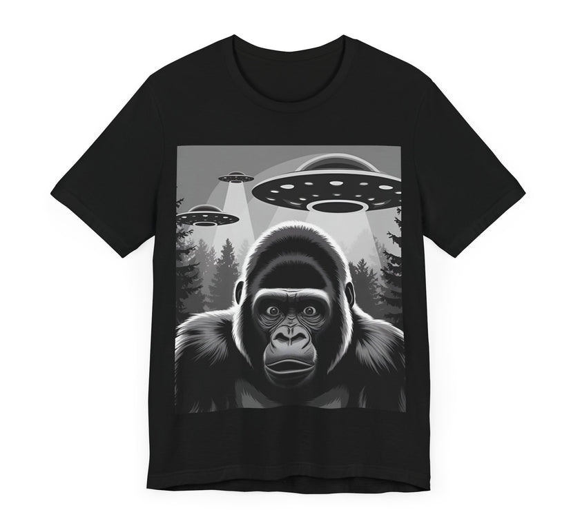 Surprised Gorilla Meets UFOs - Funny and Intriguing Alien Encounter T-Shirt