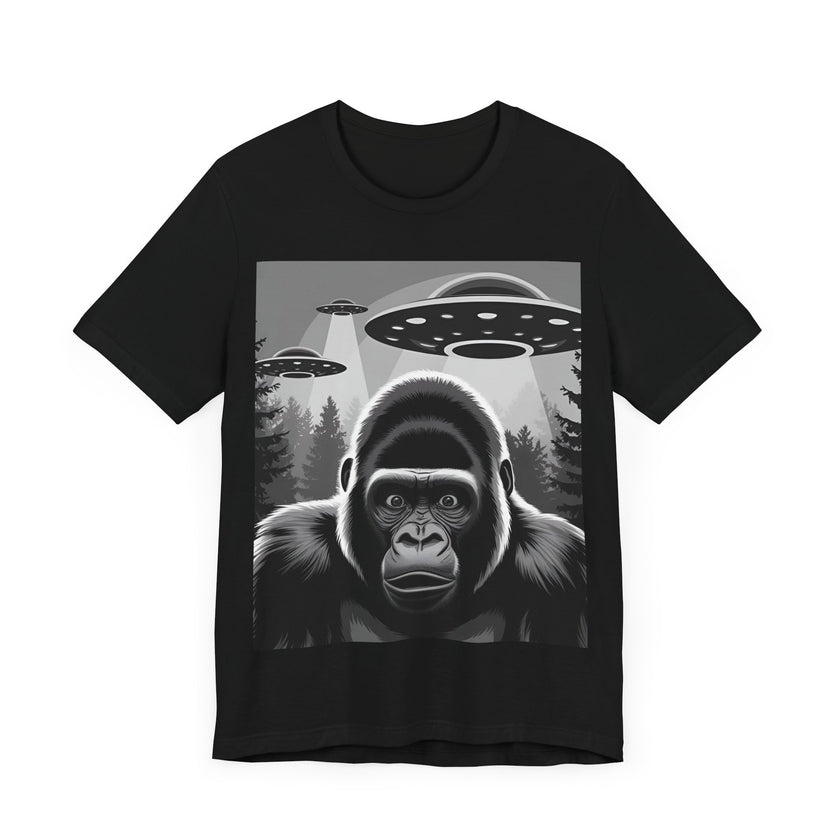 Surprised Gorilla Meets UFOs - Funny and Intriguing Alien Encounter T-Shirt