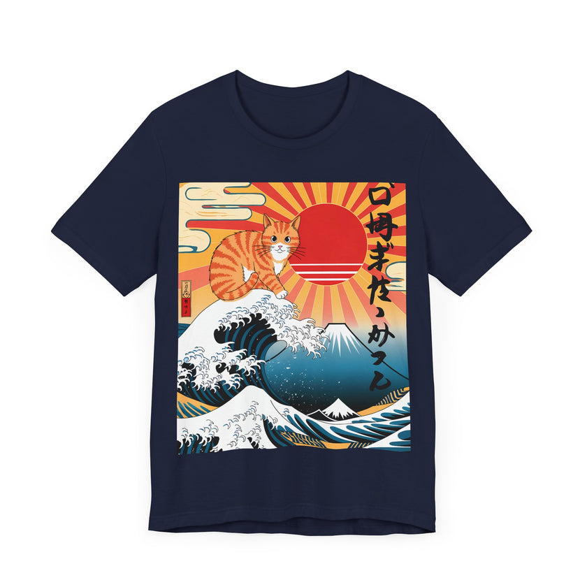 The Great Wave and Cat - Japanese-Inspired Funny T-Shirt