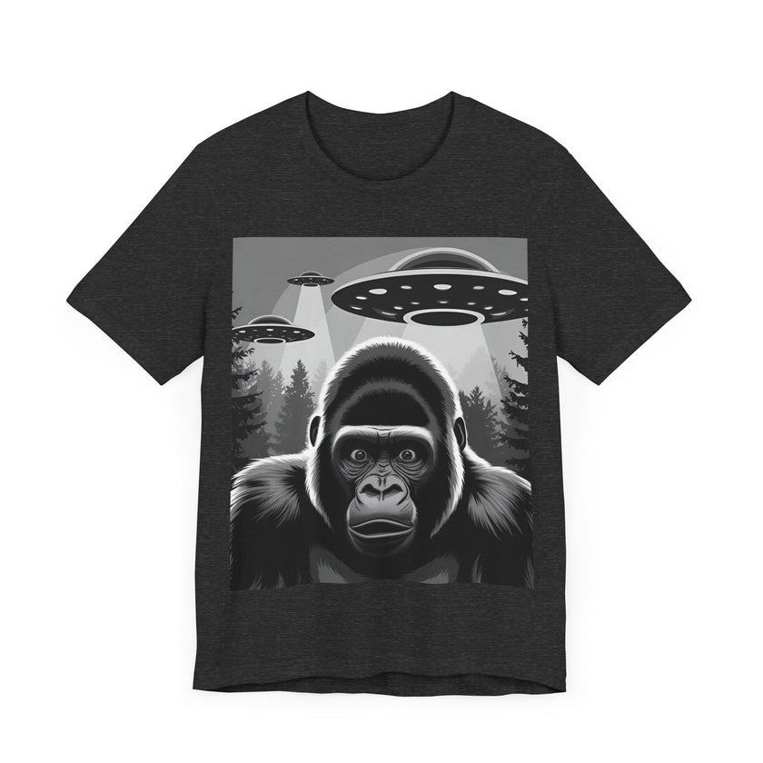 Surprised Gorilla Meets UFOs - Funny and Intriguing Alien Encounter T-Shirt