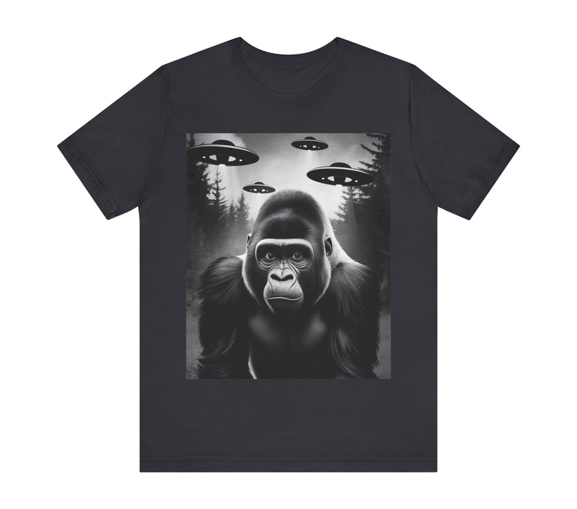 Gorilla Meets UFOs - Funny and Intriguing Alien Encounter T-Shirt