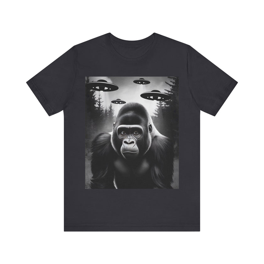 Gorilla Meets UFOs - Funny and Intriguing Alien Encounter T-Shirt