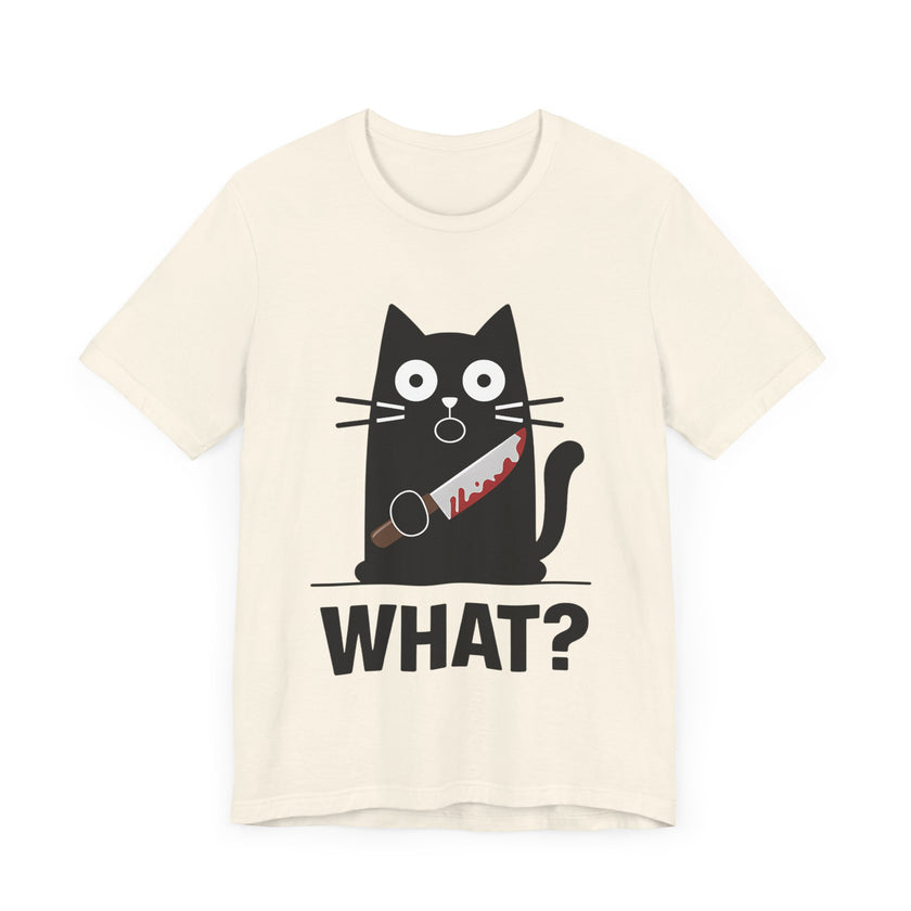 What? - Funny Surprised Black Cat with Knife T-Shirt