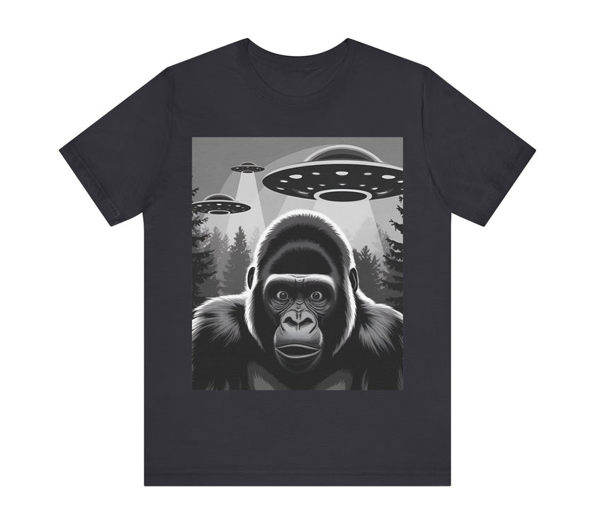 Surprised Gorilla Meets UFOs - Funny and Intriguing Alien Encounter T-Shirt