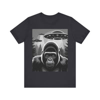 Surprised Gorilla Meets UFOs - Funny and Intriguing Alien Encounter T-Shirt